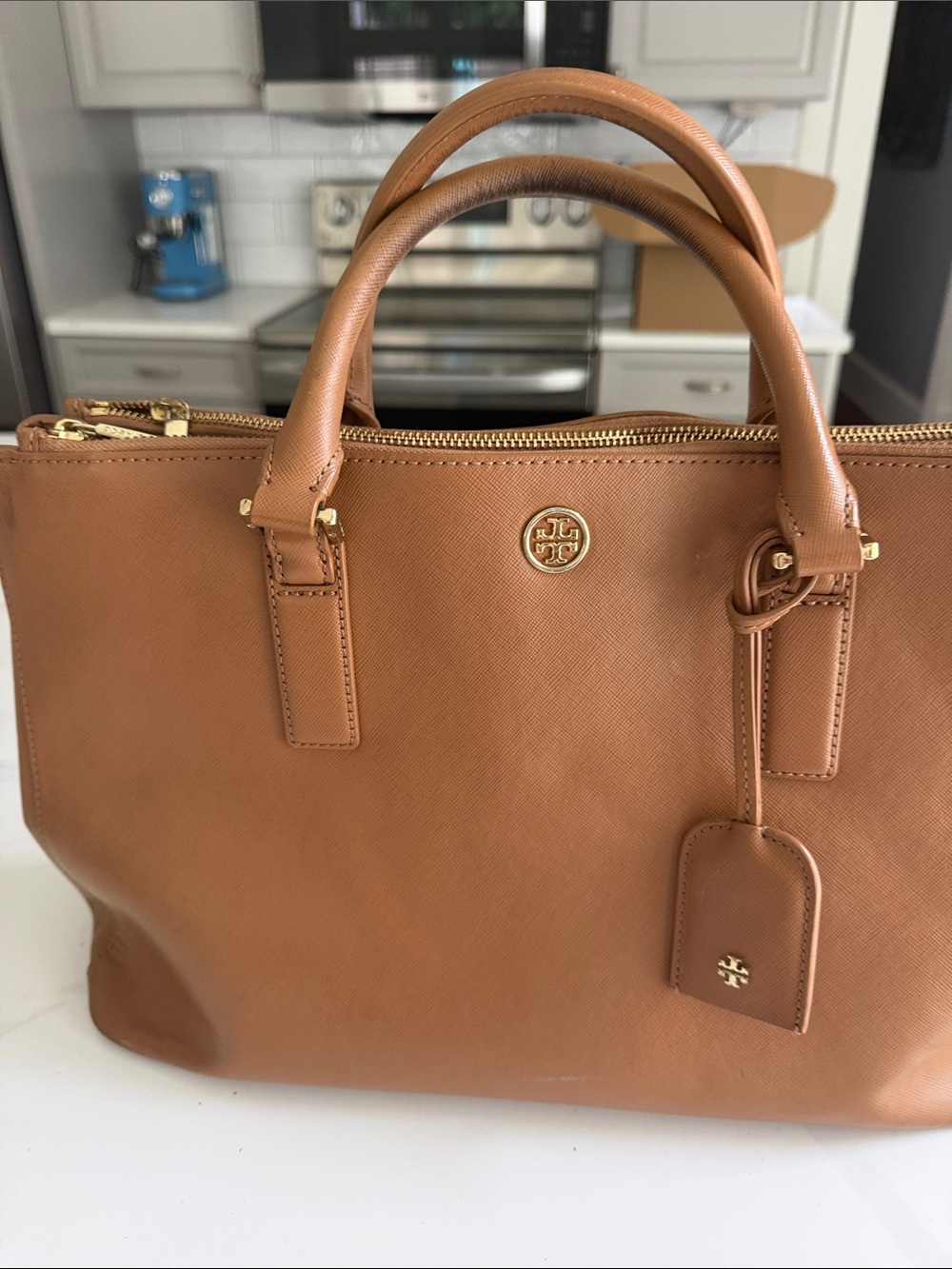 Tory Burch Cognac Brown Leather Satchel with Gold Hardware